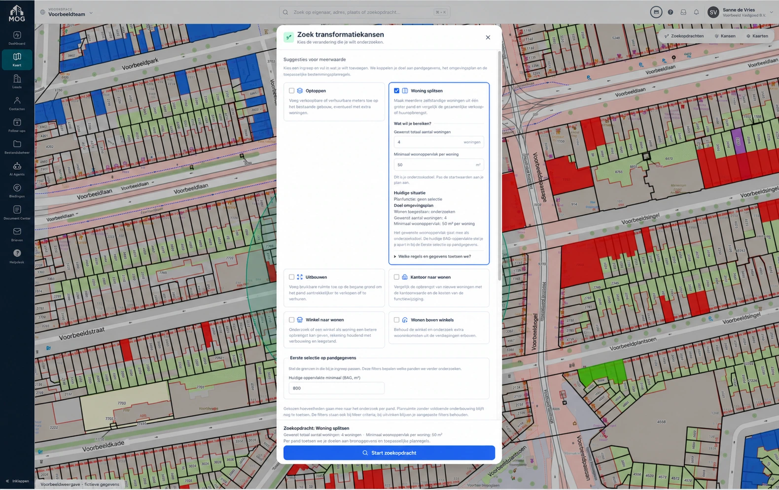 Zoekinvoer voor woning splitsen met gewenste aantallen en oppervlakte; fictieve voorbeeldgegevens