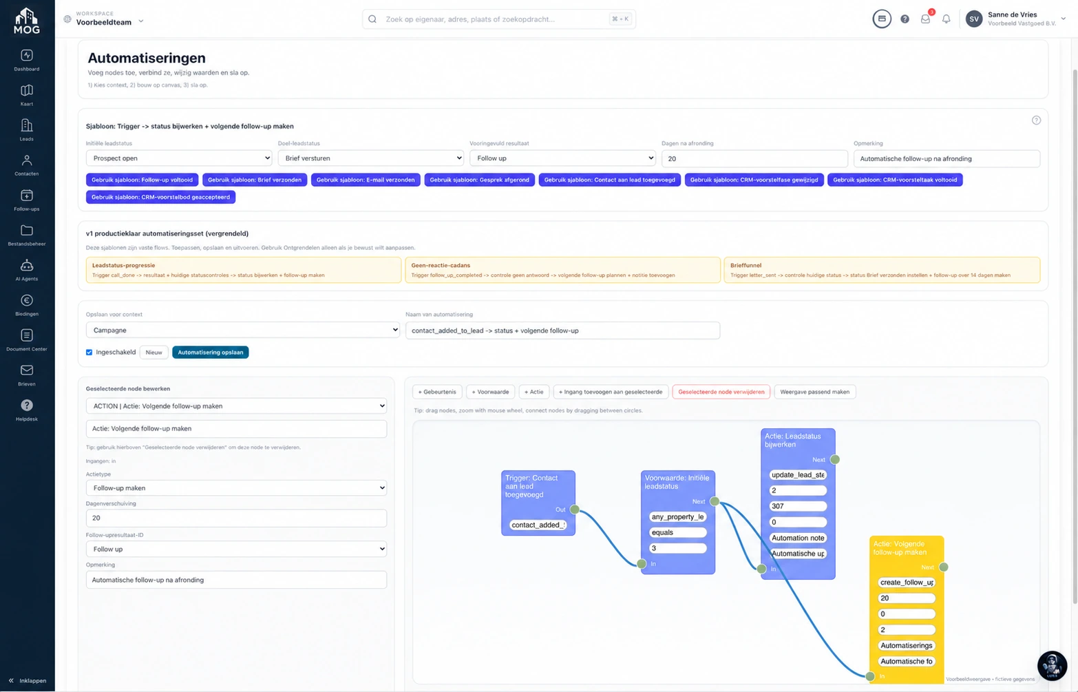 De automatiseringsbuilder met een trigger, voorwaarden en gekoppelde acties; fictieve voorbeeldgegevens