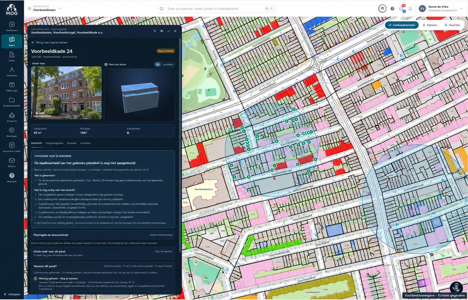 Onderzoekspaneel voor Voorbeeldkade 24 met gebouwweergave en nog te toetsen planinformatie; fictieve voorbeeldgegevens