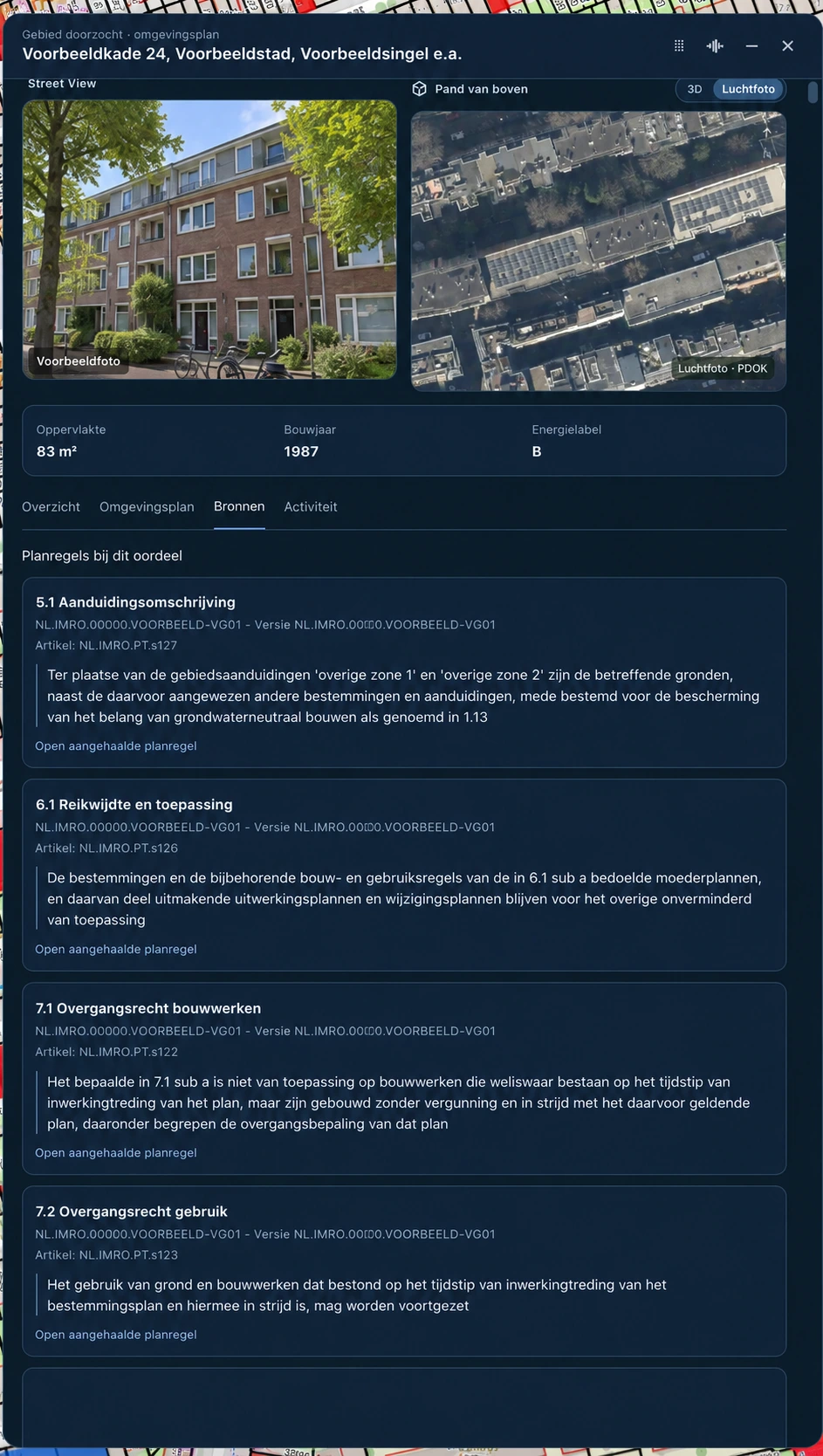 Bronnenpaneel met planregels en documentcontext bij een fictief pand; fictieve voorbeeldgegevens